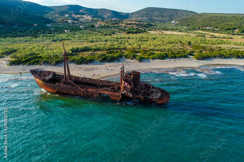 aerial view of Shipwreck Dimitrios (formerly called Klintholm) in Gythio Peloponnese, in Greece