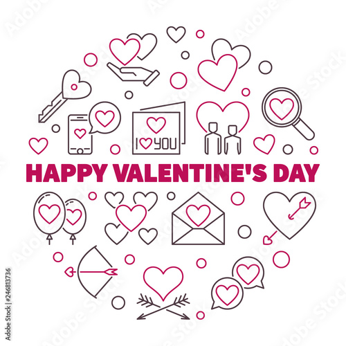 Happy Valentine's Day vector round concept illustration in thin line style