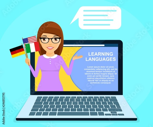 Online language learning. A young girl holding flags of different countries. Online tutor. In flat style on blue background. Cartoon.