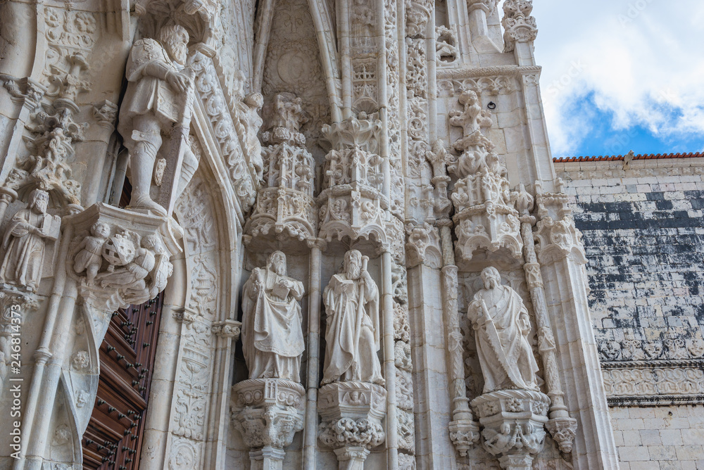 Ornated portal of Jeronimos or Hieronymites monastery in Lisbon city, capital of Poartugal