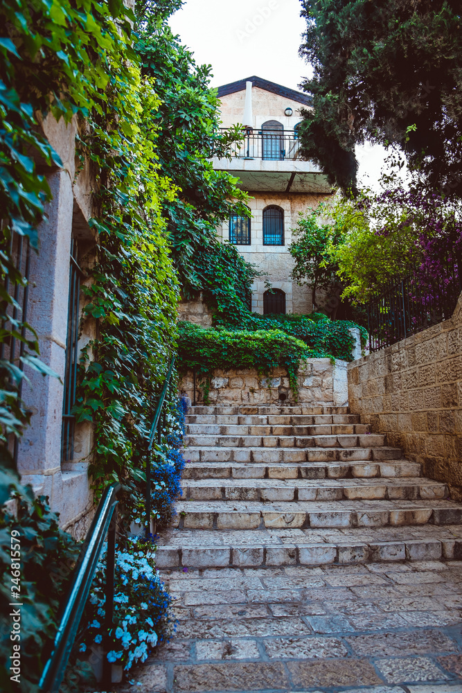 Green Street in the center of Jerusalem, Israel. Clean streets with stairs and railings