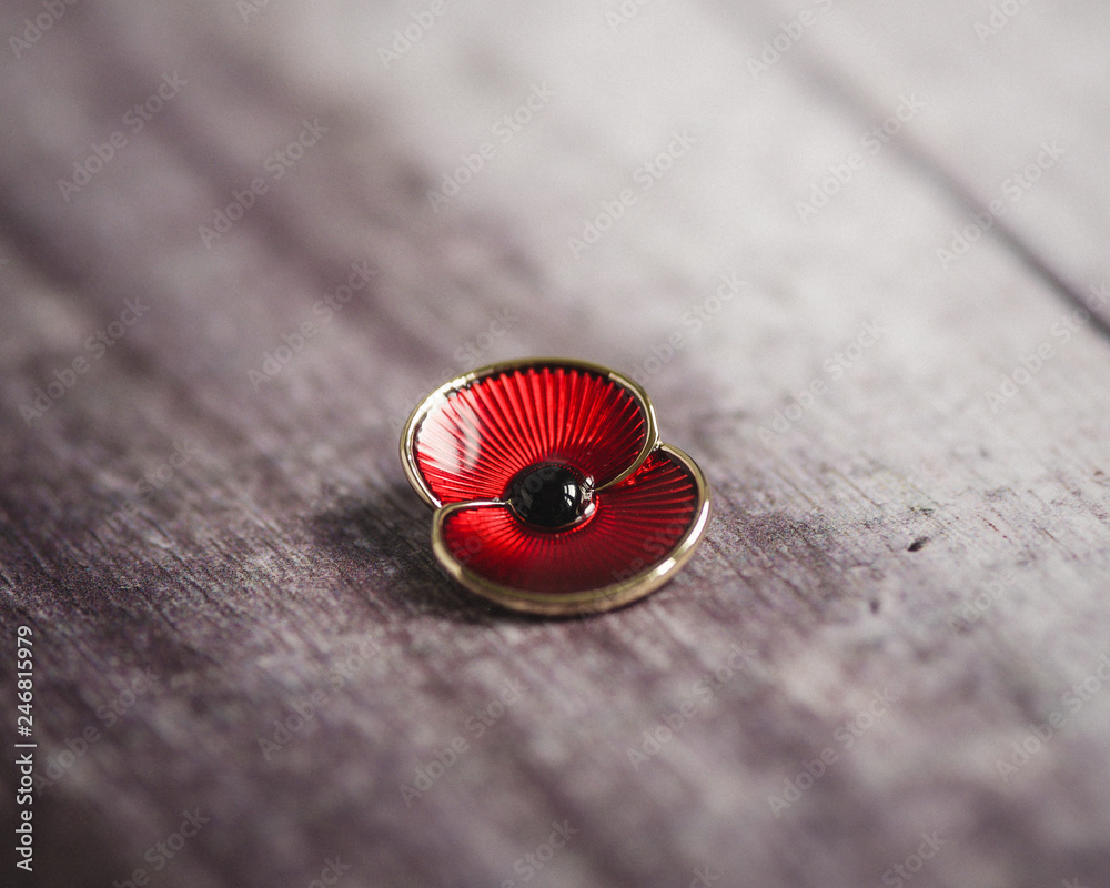 A commemorative enamel poppy pin to mark Remembrance Day, on a wooden backdrop. A commemorative enamel poppy pin to mark Remembrance Day, on a wooden backdrop.