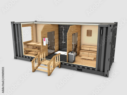 Fototapeta Naklejka Na Ścianę i Meble -  Converted old shipping container into sauna, 3d Illustration isolated gray