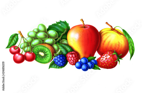 group of fruits, cherries, grapes, kiwi, raspberry, blackberry, strawberry, apple, peach and green leaves illustration