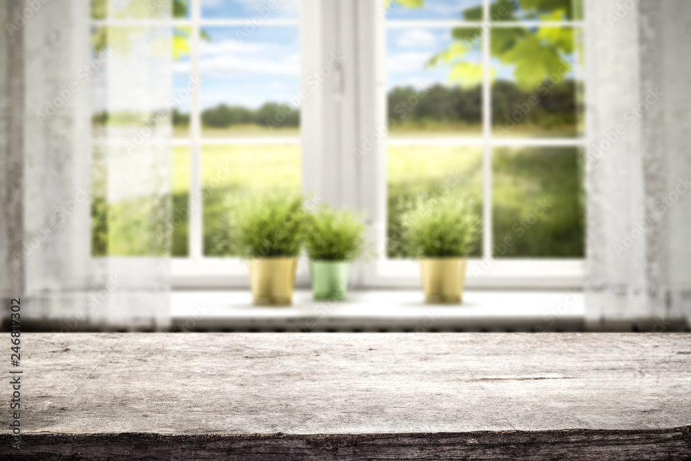 White wooden window of spring time and white wooden desk of free space 