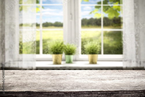 White wooden window of spring time and white wooden desk of free space 