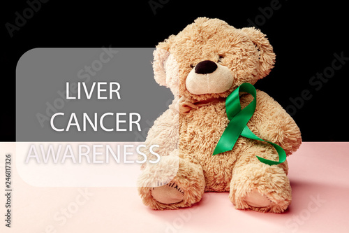 Liver Cancer and Hepatitis B - HVB Awareness month ribbon, Emerald Green or Jade ribbon awareness color on pink background with toy bear. The cancer, health, help, care, support, hope, illness © master1305