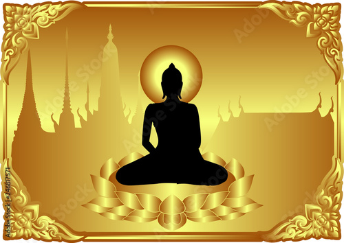 Buddha sit on lotus in traditional frame border with temple background