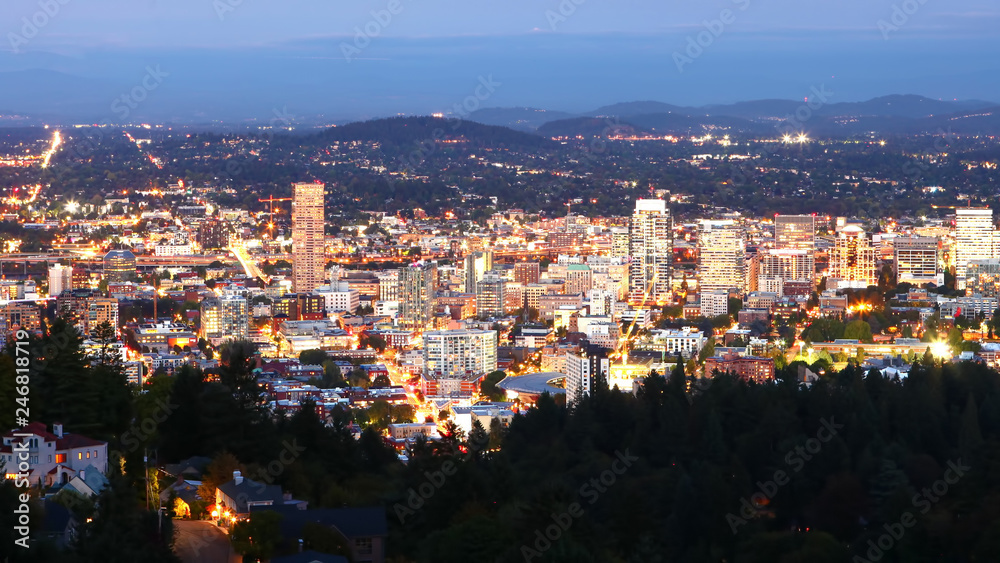 Naklejka premium Aerial night view of Portland, Oregon city center