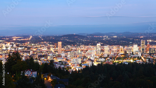 Aerial night view of Portland, Oregon downtown