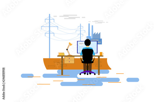 Cooler, power unit, office building and other elements of the power plant. Vector illustration