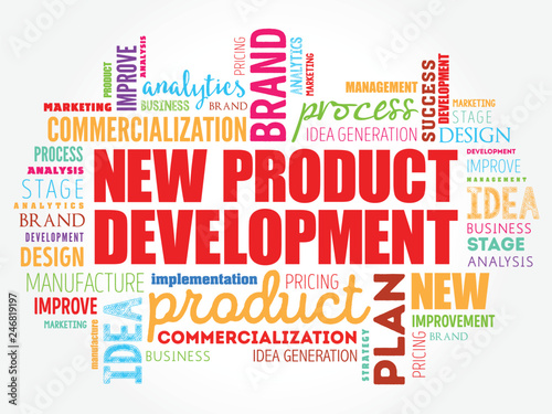 New product development word cloud collage, business concept background