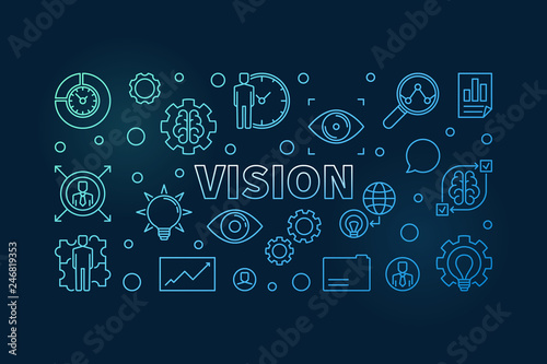 Vision horizontal blue outline banner. Vector business concept illustration in thin line style on dark background