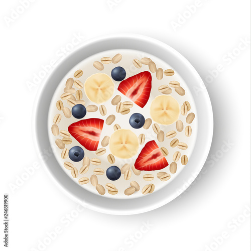 Vector realistic white bowl with milk, oat flakes, strawberries, bananas and blueberries - fit and healthy breakfast illustration