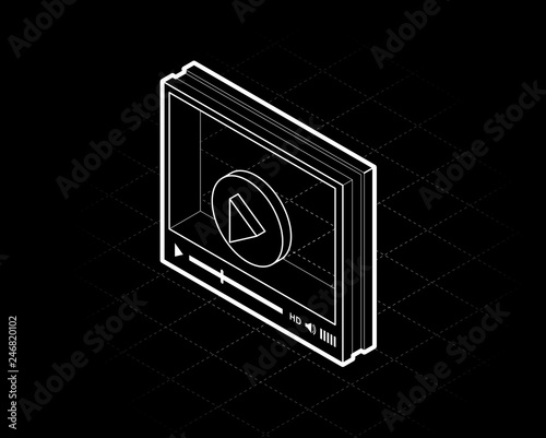 isometric video player interface for web site design or mobile application. Vector illustration on black