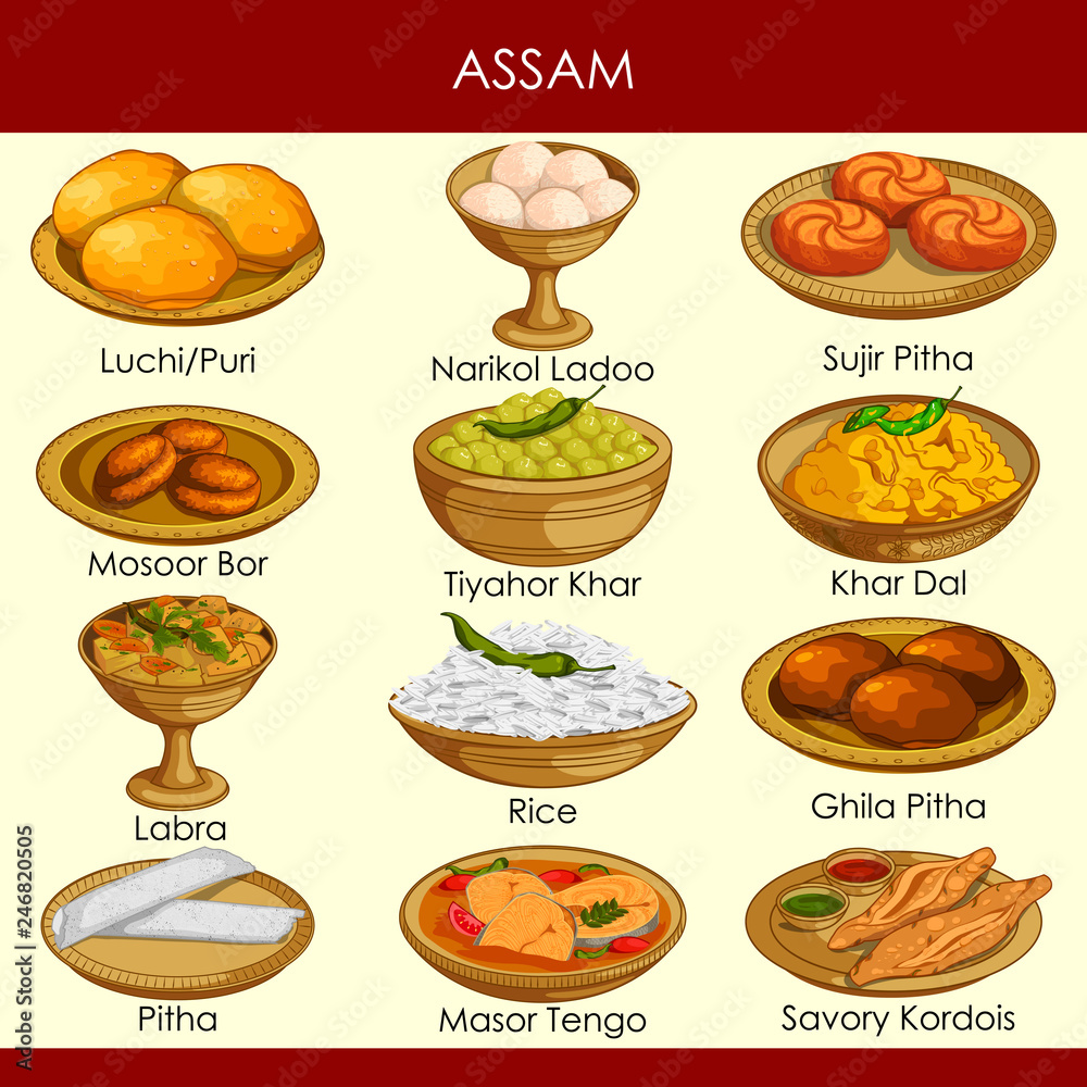 illustration of delicious traditional food of Assam India Stock Vector