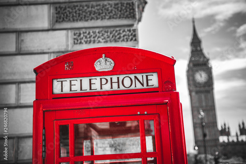 London's iconic telephone booth with the Big Ben clock tower in the background