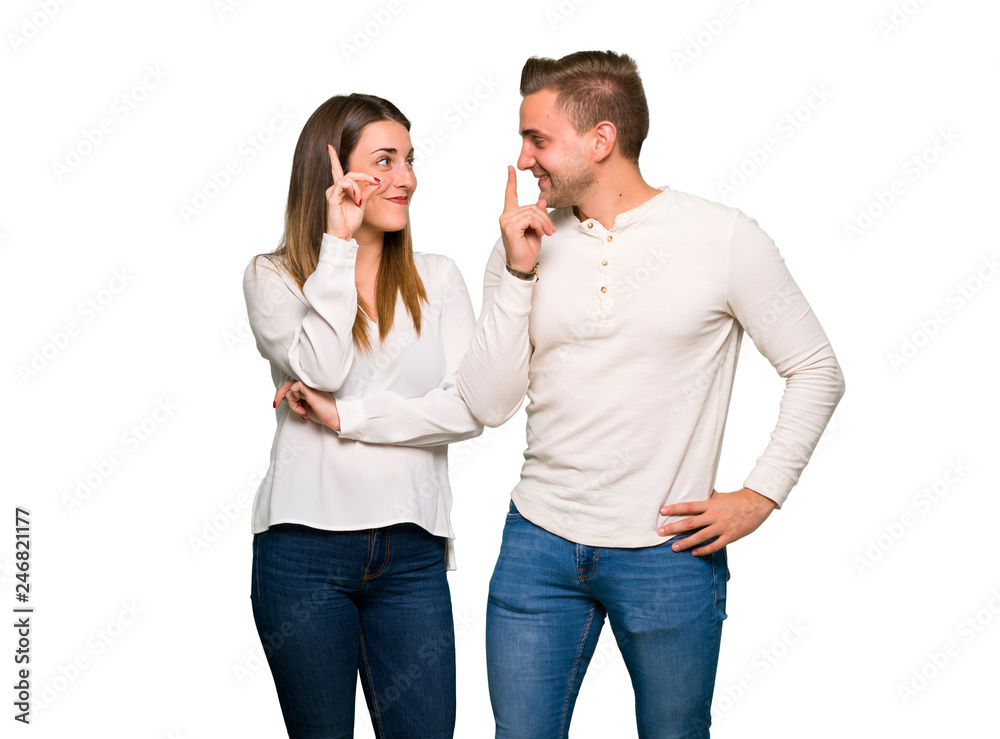 Couple in valentine day intending to realizes the solution while lifting a finger up Couple in valentine day intending to realizes the solution while lifting a finger up