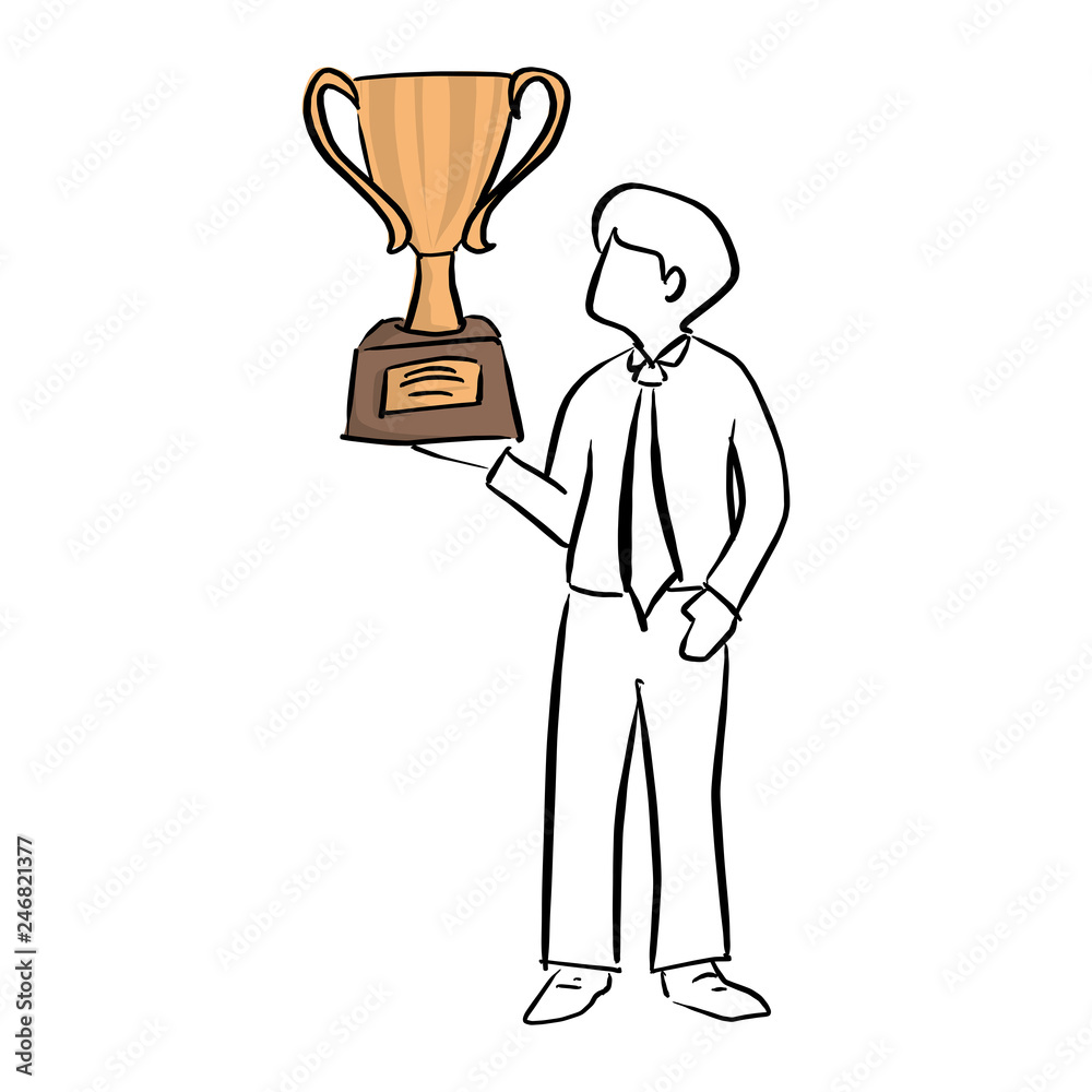 businessman holding big gold trophy vector illustration sketch doodle hand drawn with black lines isolated on white background businessman holding big gold trophy vector illustration sketch doodle hand drawn with black lines isolated on white background