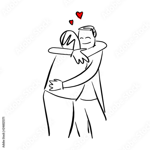 people hug each other with red heart shape vector illustration sketch doodle hand drawn with black lines isolated on white background