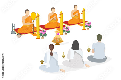 people offering dedicated and yellow candle to monks, buddhist lent day photo