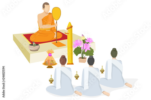 people offering dedicated and yellow candle to Buddhist monks in the buddhist lent day