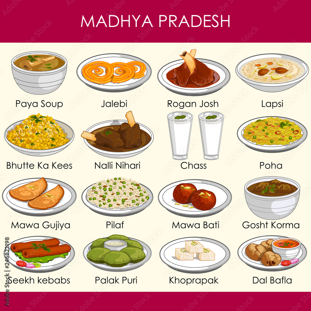 illustration of delicious traditional food of Madhya Pradesh India ...