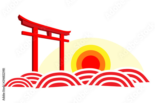 japan travel itsukushima element icon with wave and sunrise design