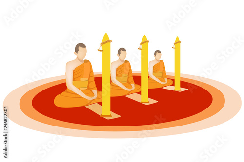 Buddhist monks sitting meditation front of large yellow candle in the buddhist lent day