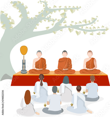 Buddhist monks sitting in meditation with people under big tree