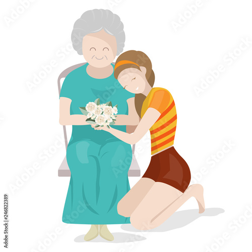 grandmother and granddaughter warmly hugging together mother’s day concept,vector