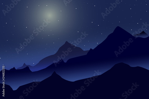 night mountains landscape with starry and soft moon light vector