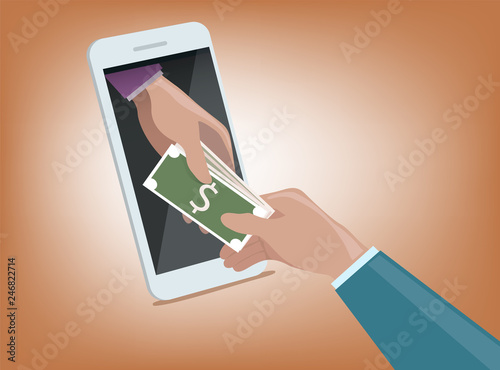 buninessman hand from smart phone monitor giving money to another hand,.online money transactions concept