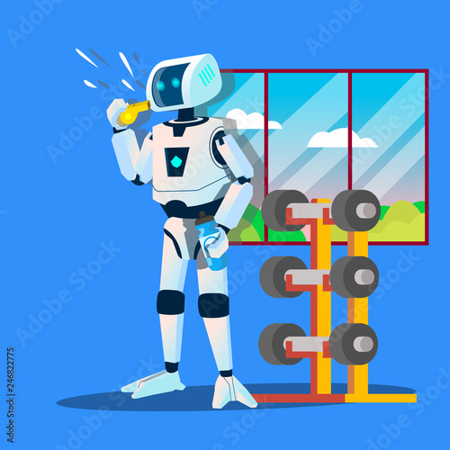 Robot Sports Coach Whistles In Gym Vector. Isolated Illustration