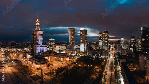A panorama of Warsaw downtown at night. photo