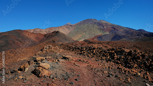 Volcanic landscape with lava Aa at Montana Samara hike, one of the most unusual alien-like environment found at Teide National Park, with views towards Pico del Teide, Pico Viejo and Las Cuevas Negras © Ana