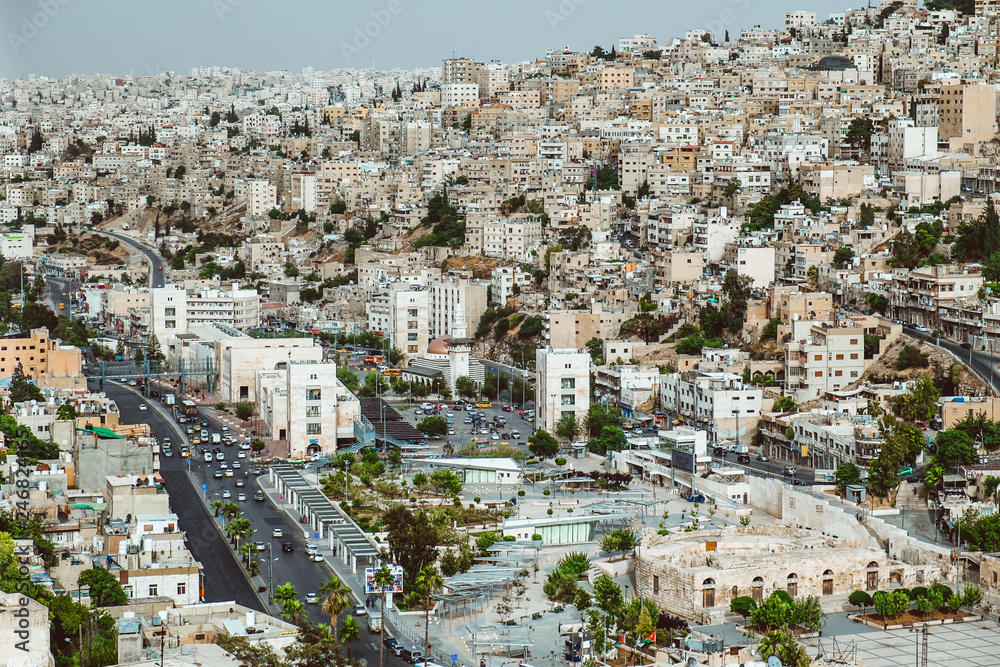 View of houses on hills in the center of Amman, the capital of Jordan