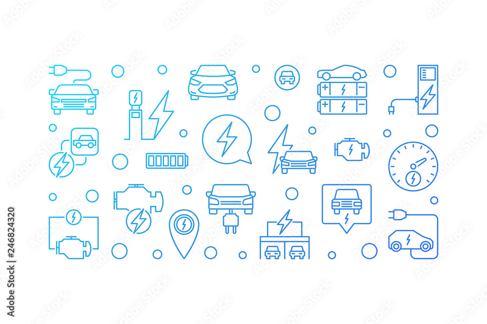Electric vehicle blue horizontal banner. EV vector modern outline illustration on white background Electric vehicle blue horizontal banner. EV vector modern outline illustration on white background