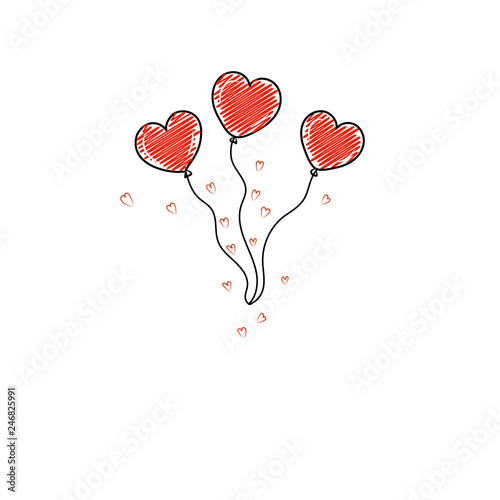 Doodle heart shaped balloons for Valentines day celebration and decoration of postcard 