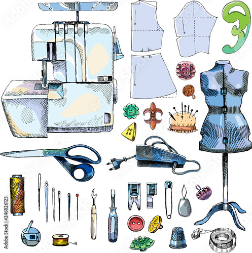 Hand Drawn Sketch Sewing Set. Color vector illustration.