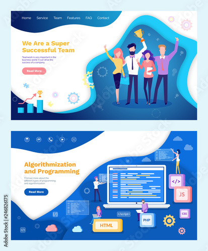 Super successful team with award celebrating success vector. Algorithmization and programming, screen of computer with data and online information