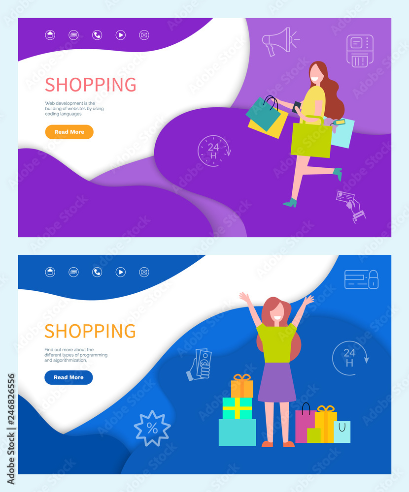 Shopping standing and running happy girl. Smiling lady with little dog holding bags. Happy woman in t-shirts with skirt and jeans vector colored background