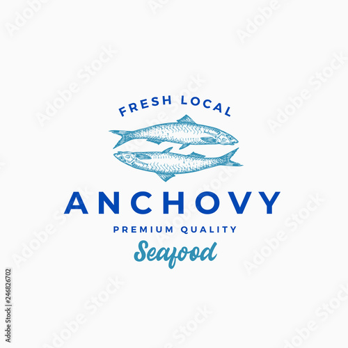 Fresh Local Anchovy Abstract Vector Sign, Symbol or Logo Template. Hand Drawn Anchovy Fish with Premium Retro Typography. Stylish Vector Emblem Concept. photo