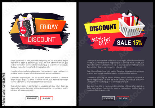 Black Friday sale, banner with presents in boxes vector. Discounts and special prices, reductions and surprises, autumn sellout on web poster with text