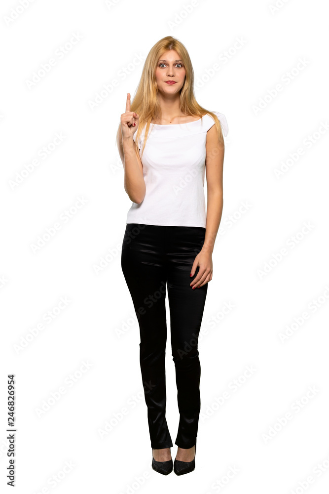 Young blonde woman pointing with the index finger a great idea over isolated white background Young blonde woman pointing with the index finger a great idea over isolated white background