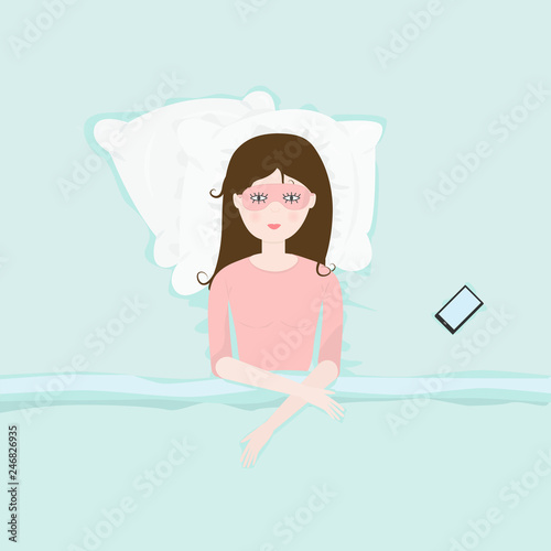 Vector illustration with sleeping woman in mask lying on bed at night in flat cartoon style. Good night, healthy sleep or problem with insomnia concept.