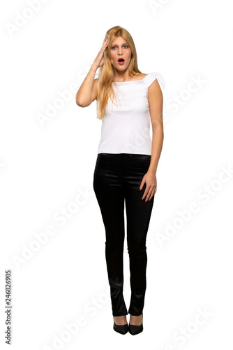 Young blonde woman has just realized something and has intending the solution over isolated white background © luismolinero