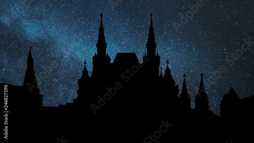Moscow: State Historical Museumfrom in Red Square by Night with Stars and Milky Way in Time Lapse, Russia