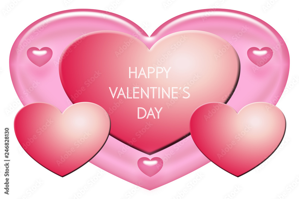 Beautiful illustration with red and pink hearts. White background. Horizontal image. Copy space. With text: 