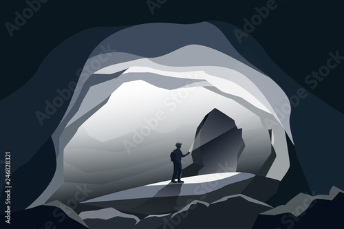 Stampa su tela caves landscape and man standing wiht flashlight